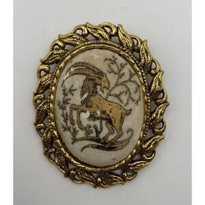 Vintage Zodiac Ram Sugar Glass Brooch Pendant Gold Tone Large Some Wear See pics